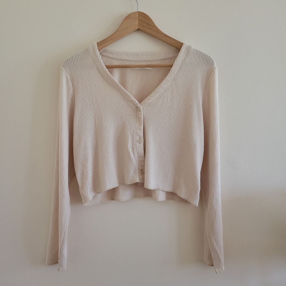 Oak + Fort Cream Ribbed Button-Up Cardigan